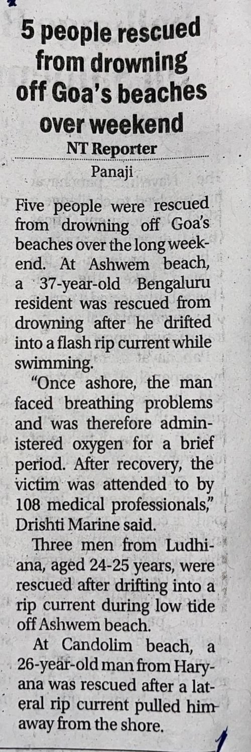 5 people rescued from drowning off Goa's beaches over the weekend