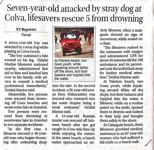 Seven year old attacked by stray dog at Colva, lifesavers rescue 5 from drowning